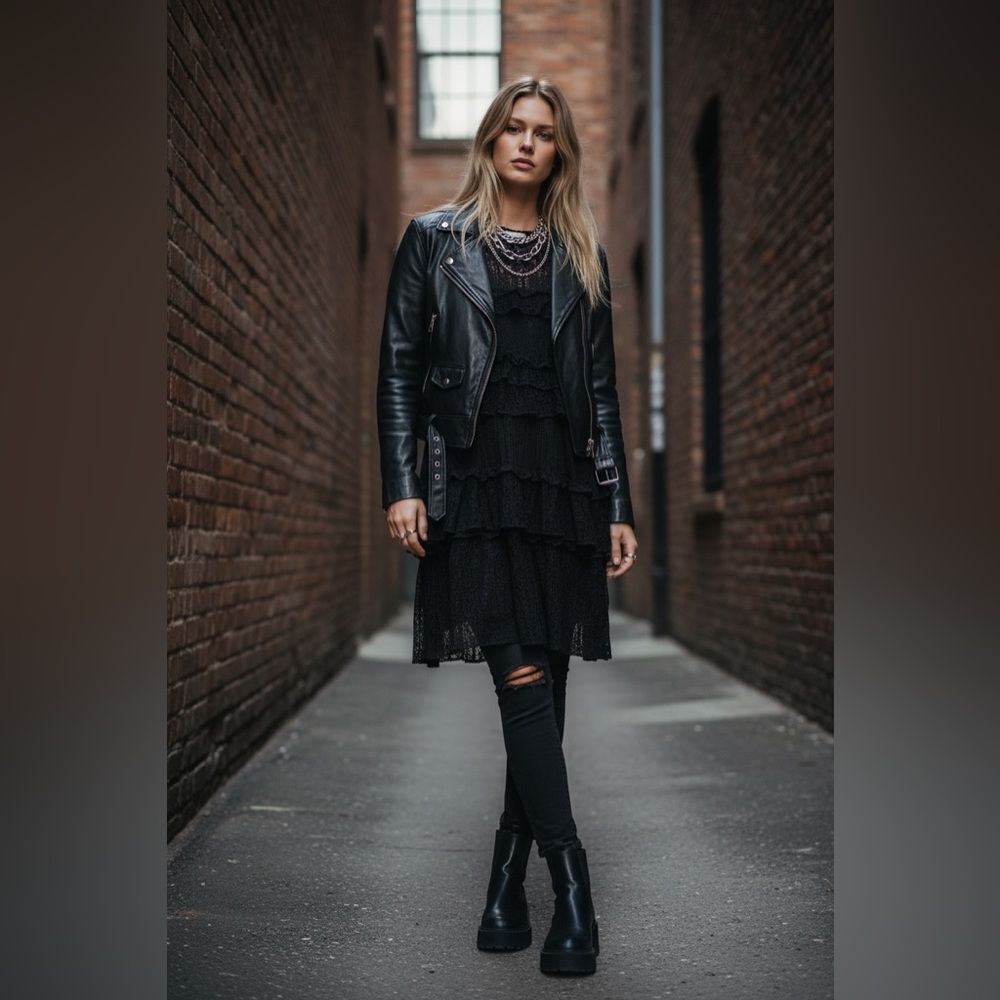 IRO Elegant long sleeve Black Lace Dress with black ruffles. 40 - Picture 6 of 11